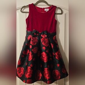 👗Girls- Elegant Red Velvet & Floral Party Dress🌹